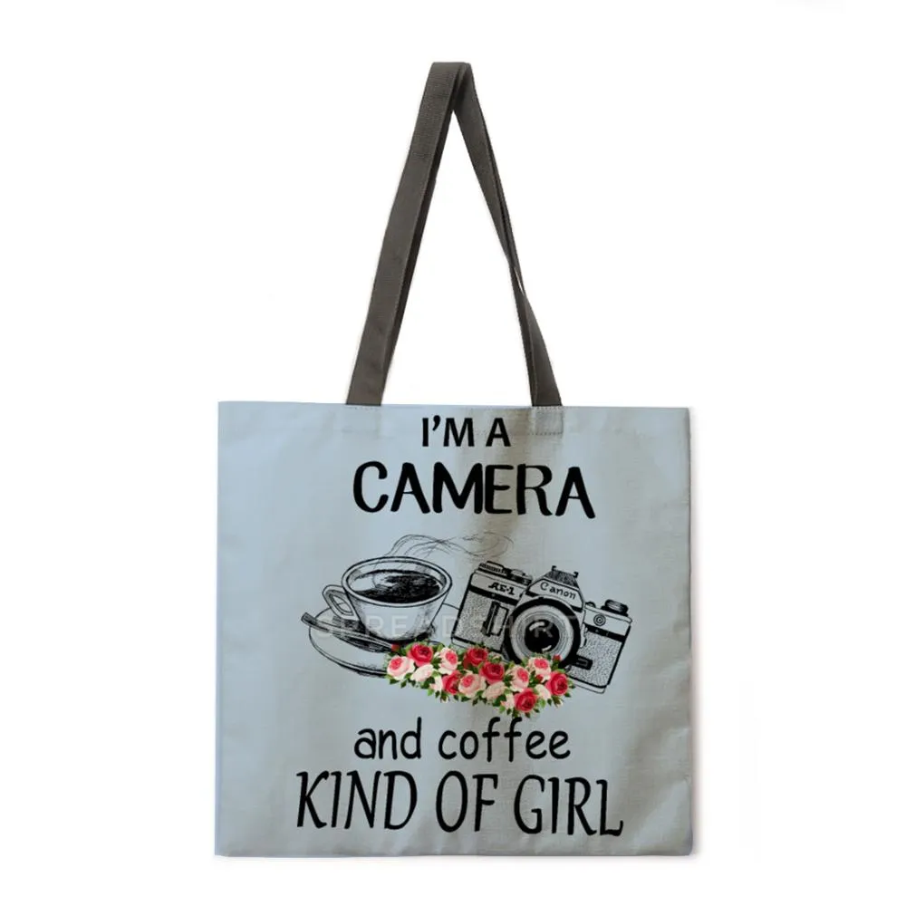 Retro camera theme linen tote bag beach bag ladies shoulder bag foldable shopping bag reusable fashion bag
