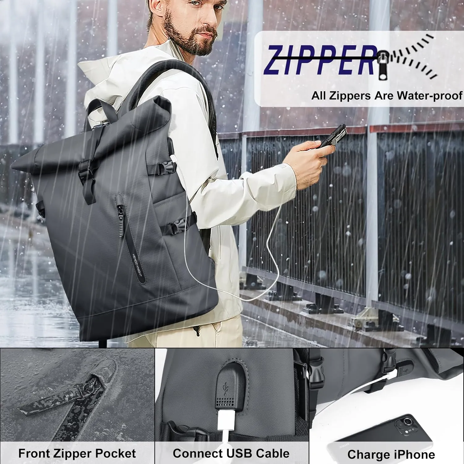 Roll Top Laptop Backpack for Men Women, Expandable Casual Daypack for 15.6 Inch Macbook Water-Resistant Commuter Laptop Rucksack Large Capacity Adjustable 18-27L for Work Business College-Grey