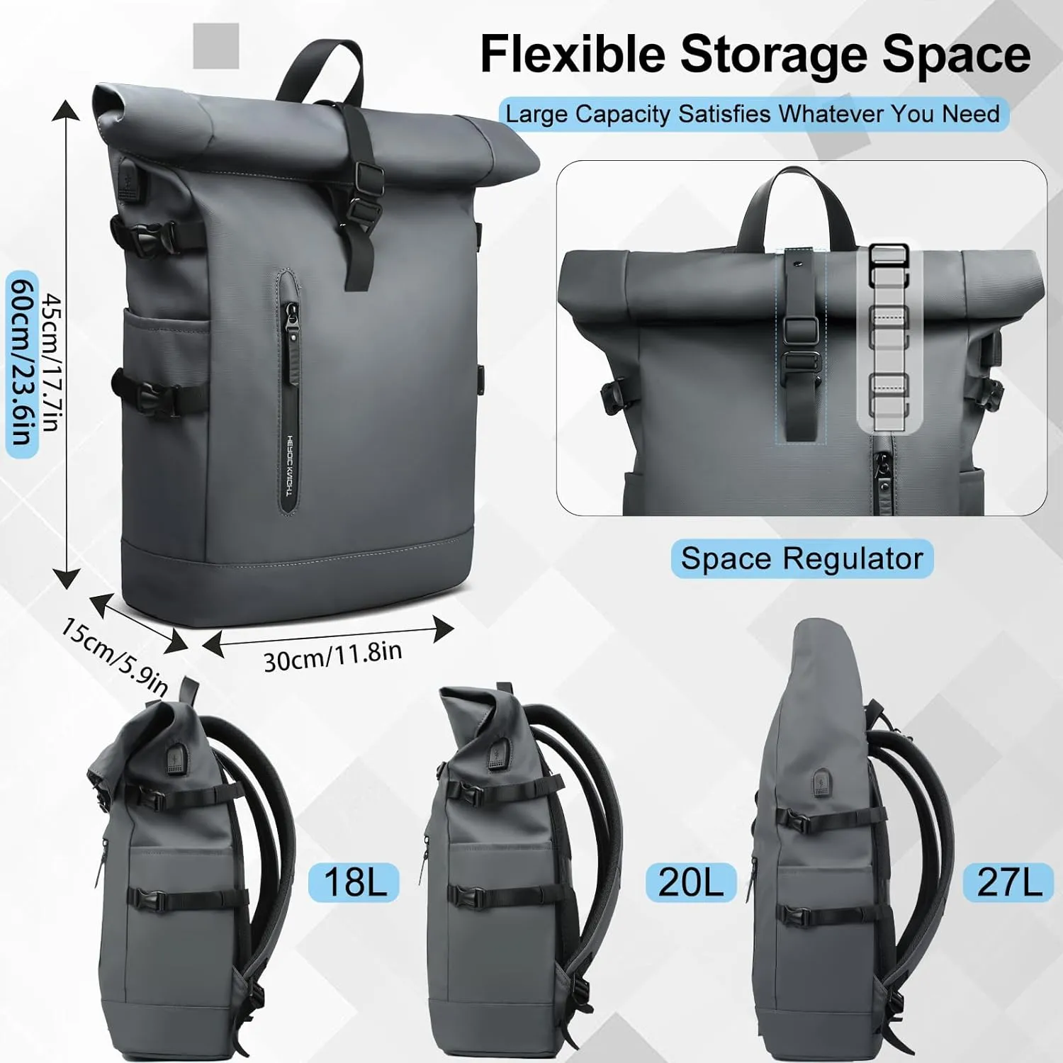 Roll Top Laptop Backpack for Men Women, Expandable Casual Daypack for 15.6 Inch Macbook Water-Resistant Commuter Laptop Rucksack Large Capacity Adjustable 18-27L for Work Business College-Grey