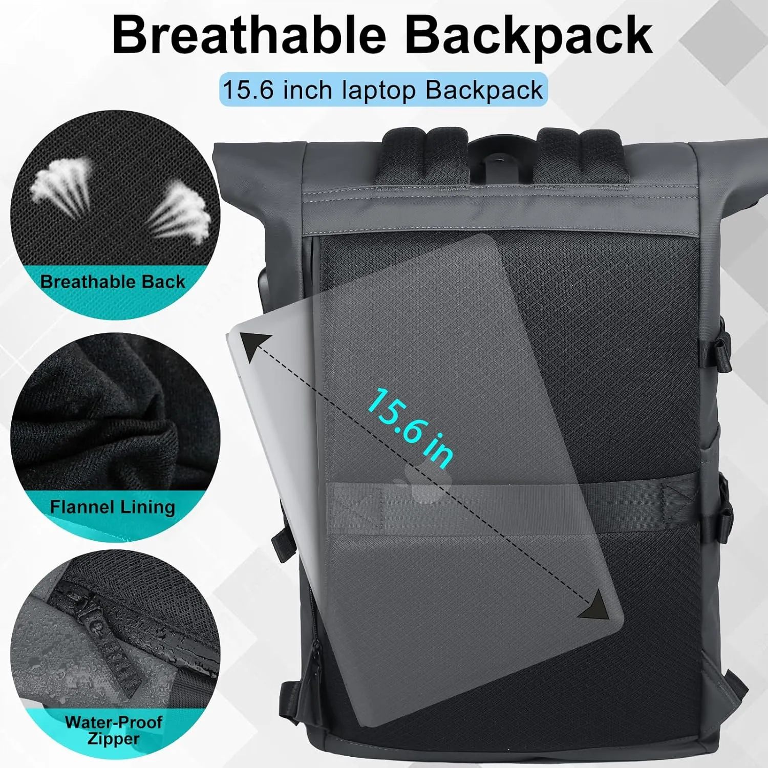Roll Top Laptop Backpack for Men Women, Expandable Casual Daypack for 15.6 Inch Macbook Water-Resistant Commuter Laptop Rucksack Large Capacity Adjustable 18-27L for Work Business College-Grey