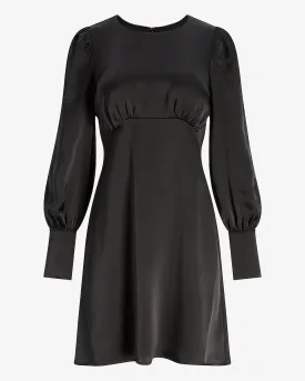 Satin Balloon Sleeve Empire Seam Dress in Pitch Black