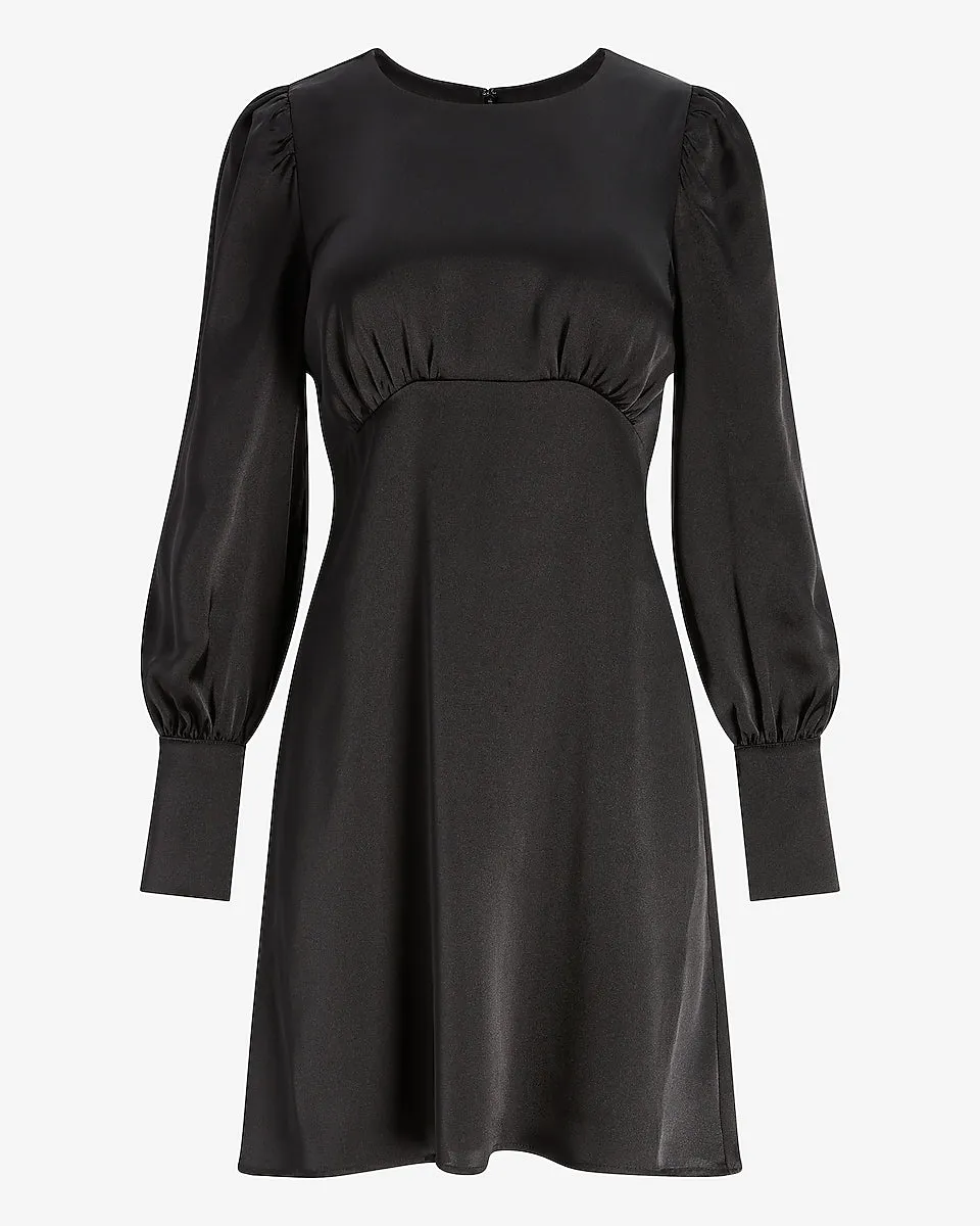 Satin Balloon Sleeve Empire Seam Dress in Pitch Black