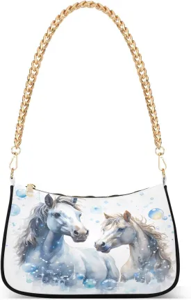 Shoulder Bags for Women White Horses with Blue Bubble Hobo Tote Handbag Small Clutch Purse with Zipper Closure