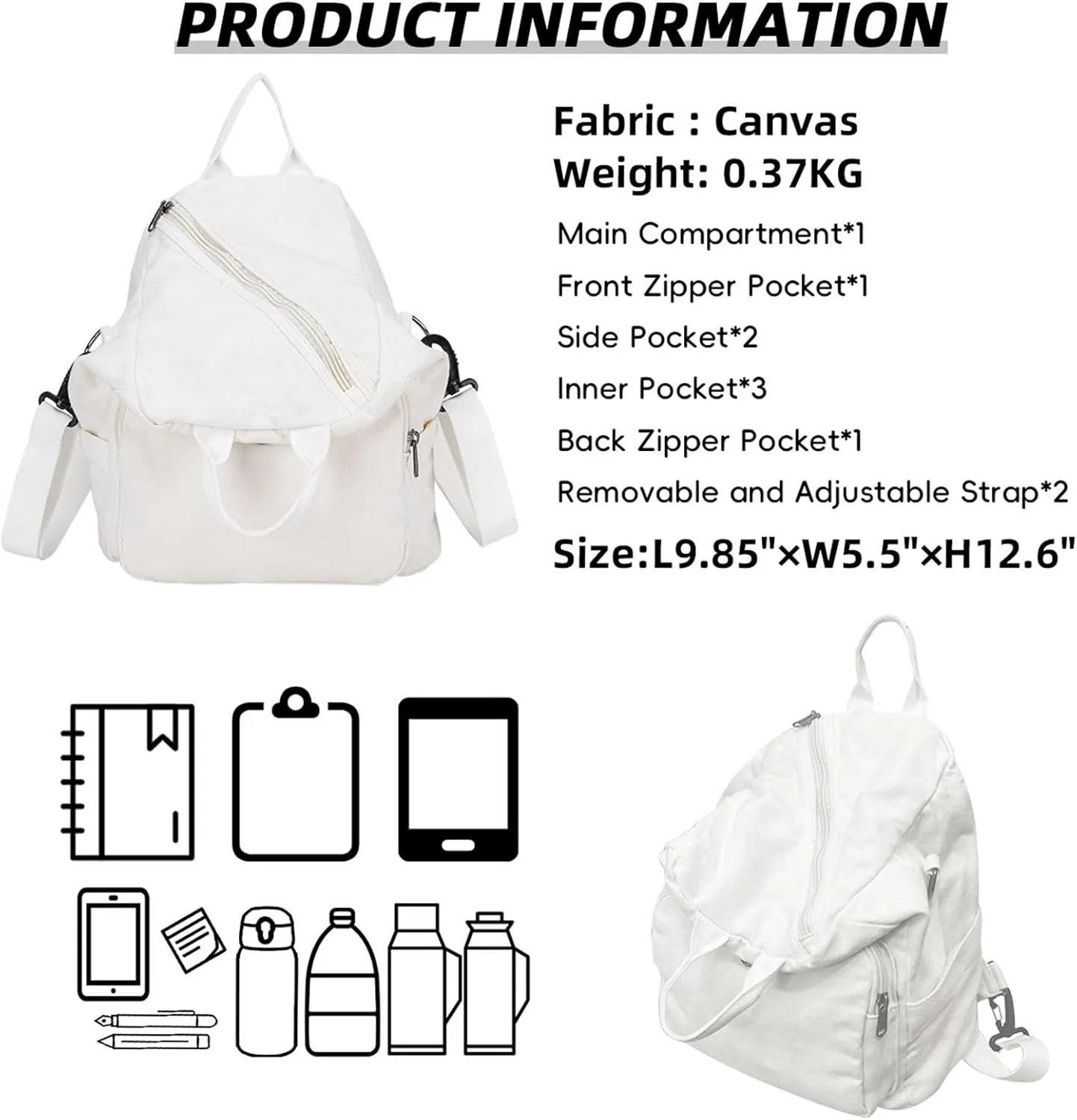 Small Backpack for Women Cute Backpack Ladies Canvas Backpack Purse for Women Men Casual Daypack Fashion Satchel Bag for Daily,Work, (White)