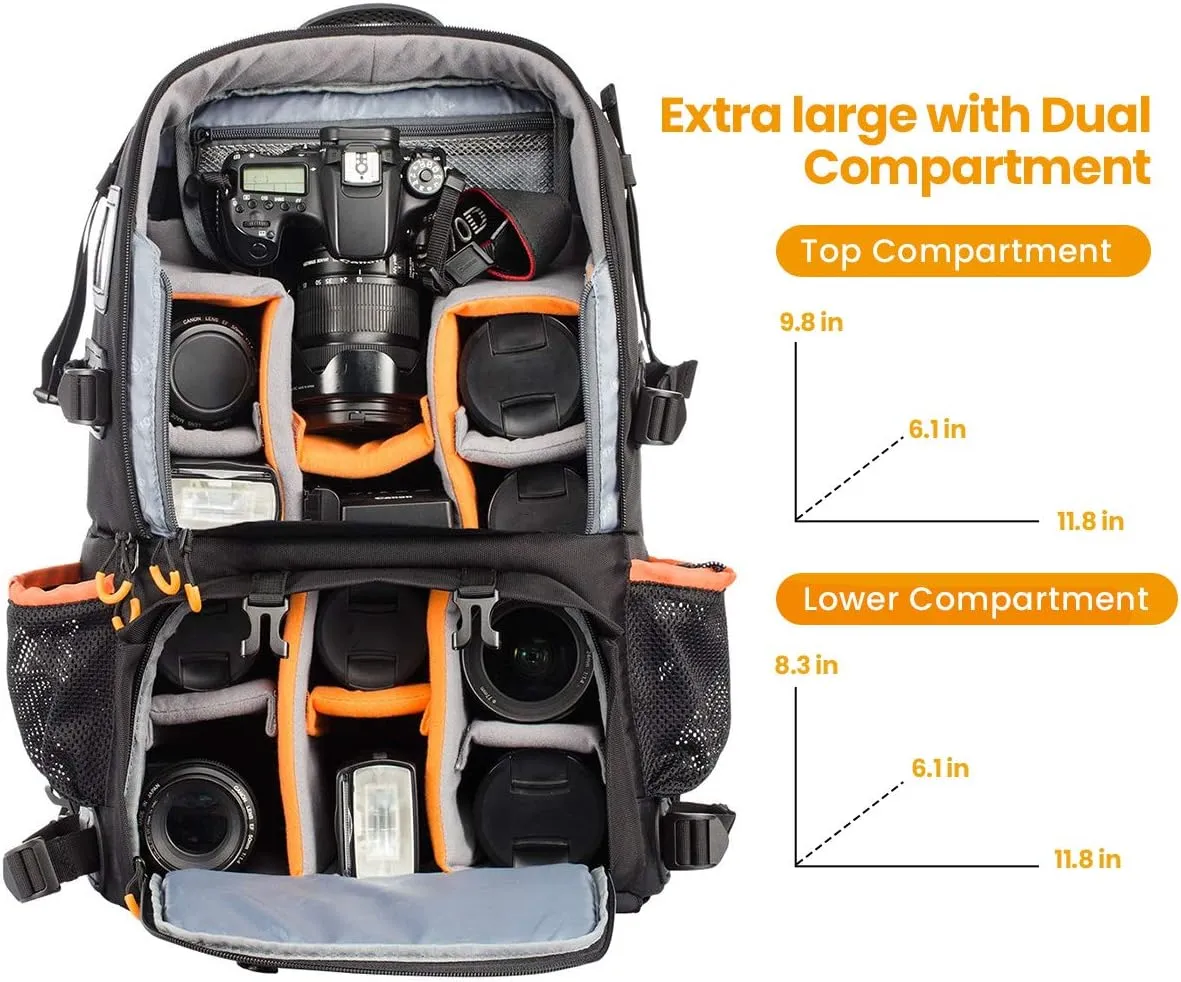 TARION Pro 2 Bags in 1 Camera Backpack Large with 15.6" Laptop Compartment Waterproof Rain Cover Extra Large Travel Hiking Camera Backpack DSLR Bag