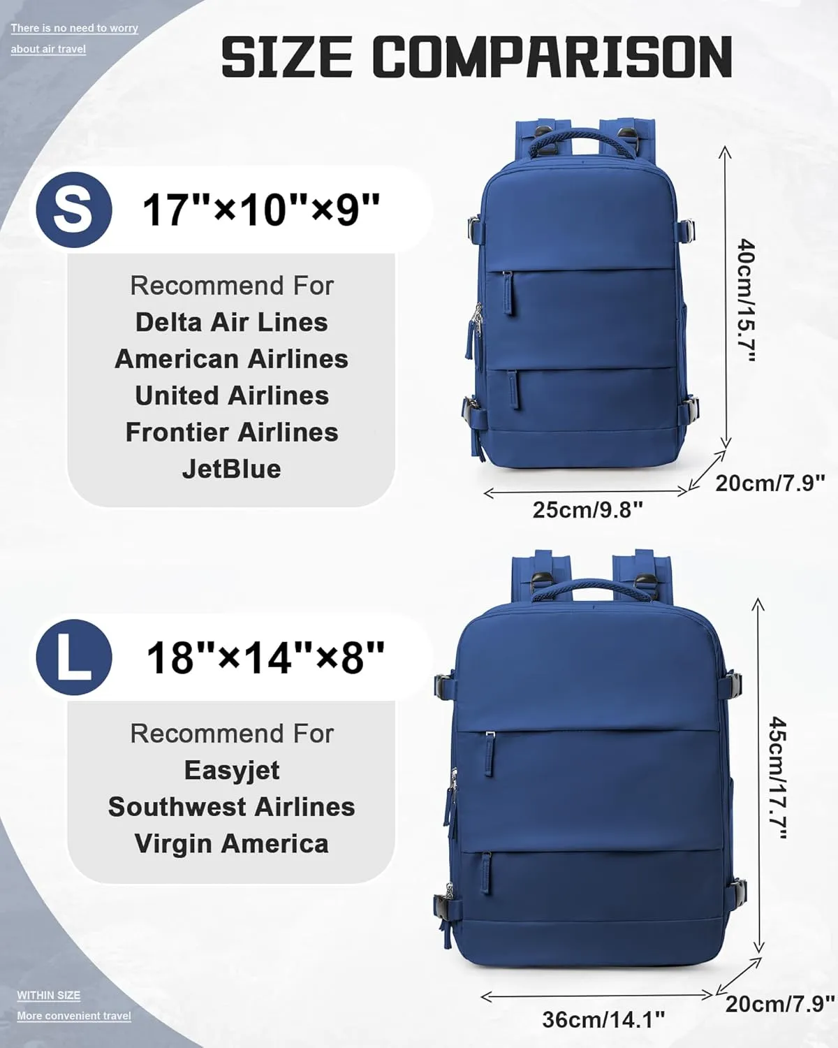 Travel Backpack Carry on Flight Approved Carry on Backpack for Airplanes Personal Item Travel Bag 18x14x8 Inches Traveling Backpack for Men Women Airback Backpack for Travel Mochila de Viaje Navy Blue