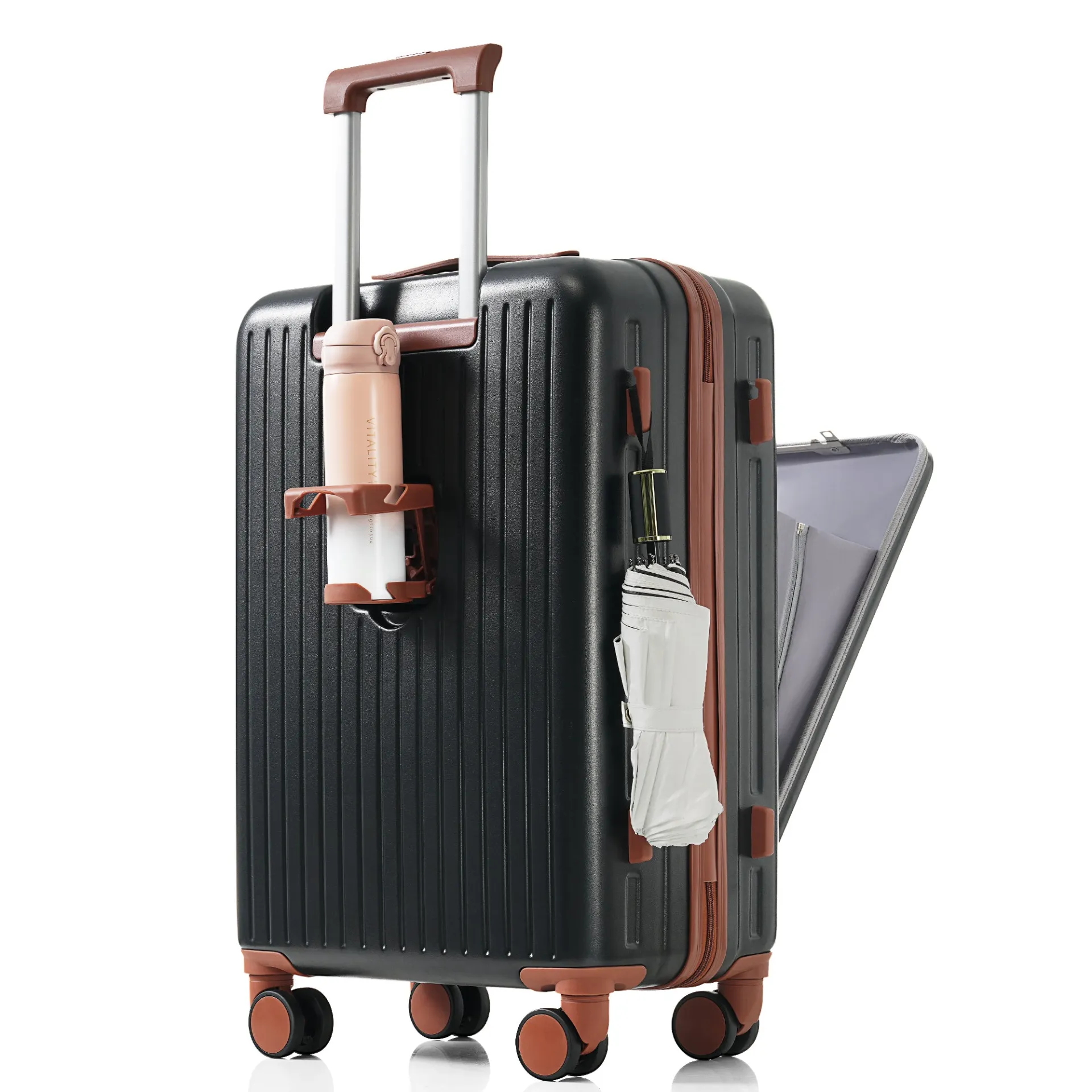 Versatile 20-Inch Expandable Carry-On Set with USB Port & Cup Holder - Durable ABS Luggage and Travel Bag Combo in Black and Brown