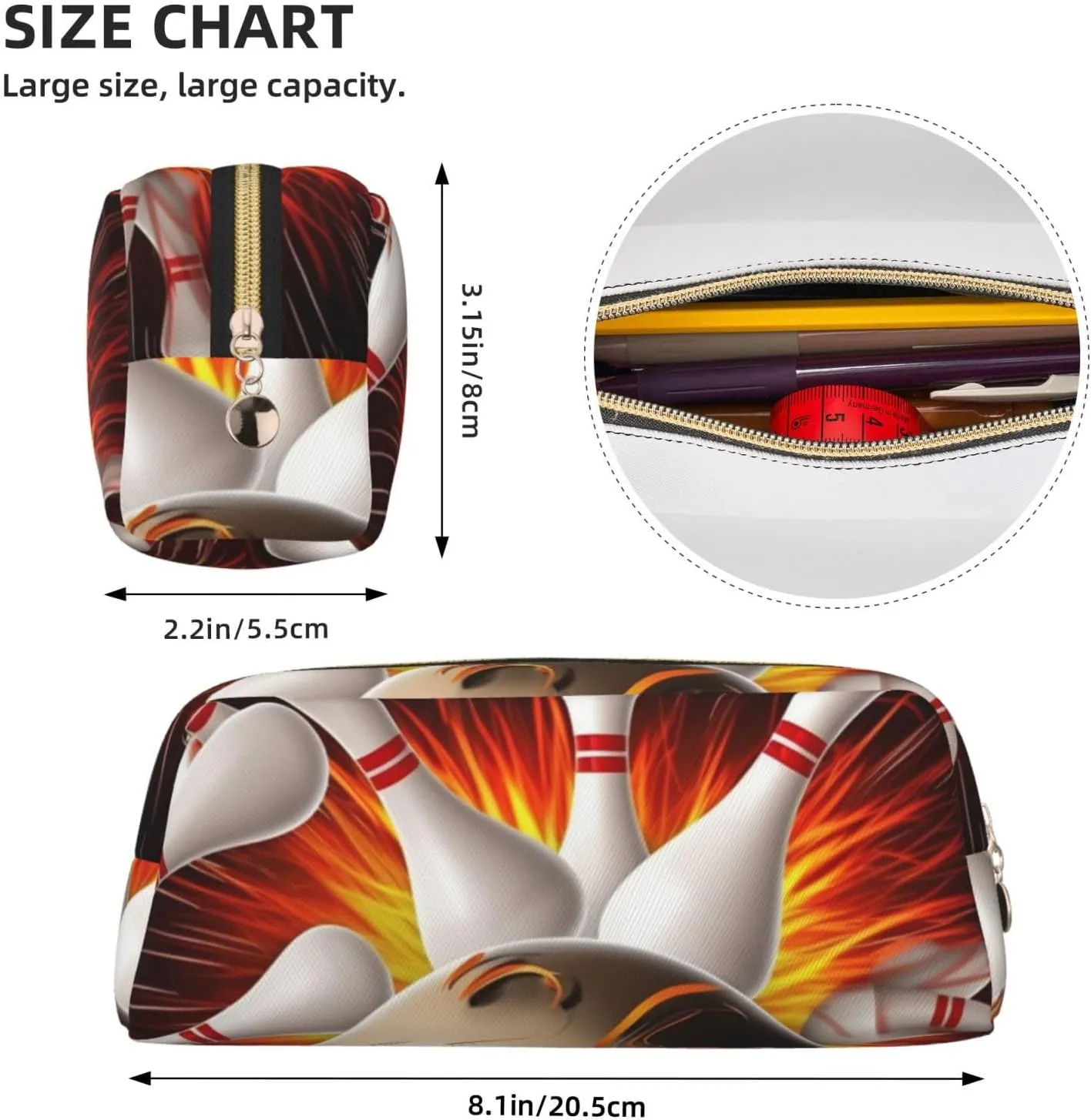 Vintage Sport Bowling Ball Makeup Bag Travel Toiletry Bag Big Pencil Bag for Women Men Leather Zipper Coin Pouch Purse
