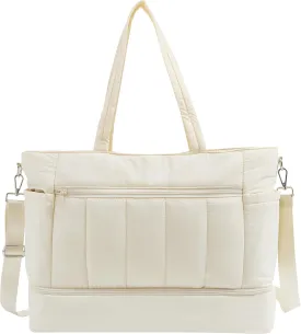 Weekender Bags for Women, Large Capacity Carry On Duffle Bag with Shoe Compartment & Wet Pocket - TSA-Approved Personal Item Bag for Air Travel, Gym, Hospital, Water-Resistant Puffer Tote (Beige)
