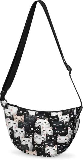 Yzrwebo Black White Cat Crescent Bag for Women Men Trendy, Funny Cat Moon Sling Crossbody Bags, Hobo Purse Small Shoulder Casual Handbag