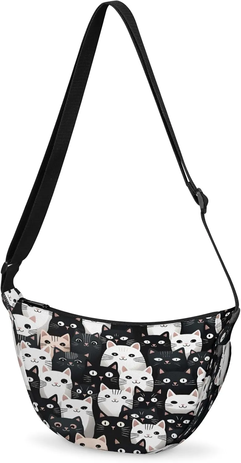 Yzrwebo Black White Cat Crescent Bag for Women Men Trendy, Funny Cat Moon Sling Crossbody Bags, Hobo Purse Small Shoulder Casual Handbag