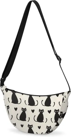 Yzrwebo Cartoon Cat Crescent Bag for Women Men Trendy, Black Cats Moon Sling Crossbody Bags, Hobo Purse Small Shoulder Casual Handbag